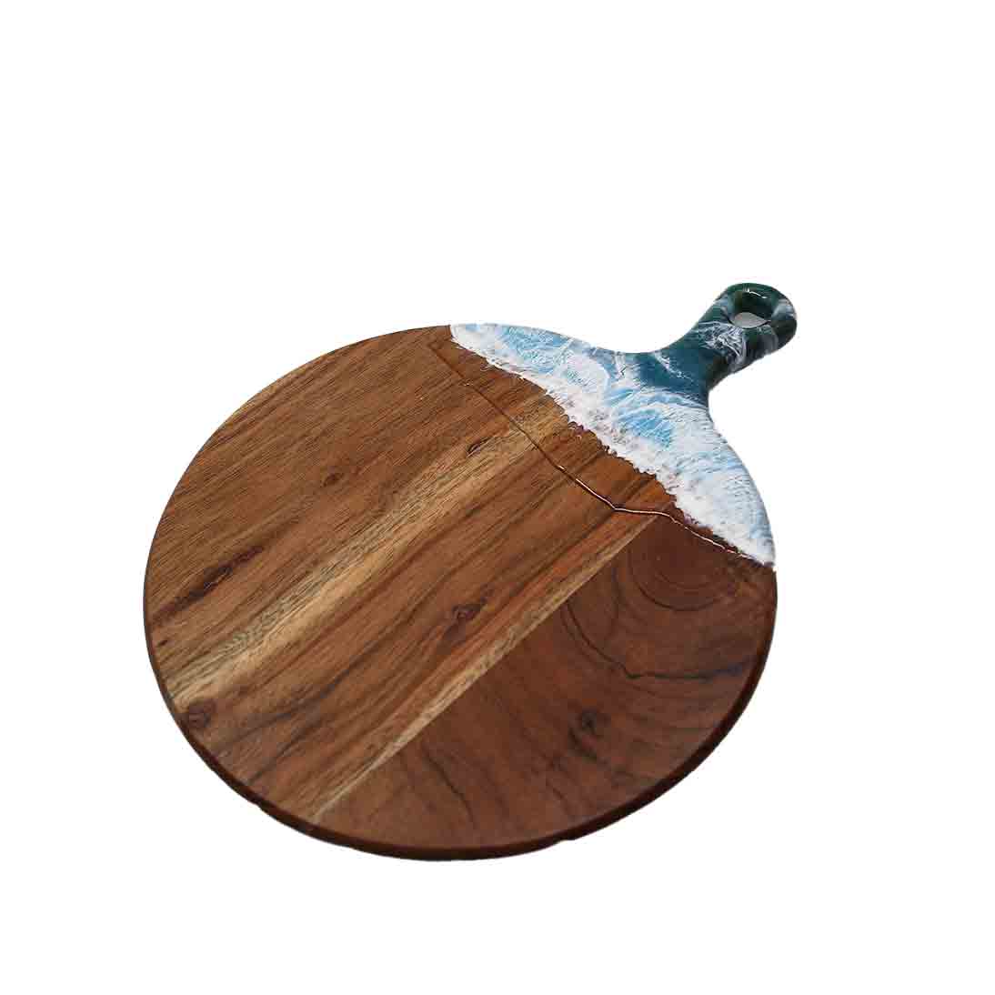 Round paddle board, cheese board, bread board with ocean theme resin painting on handle.  