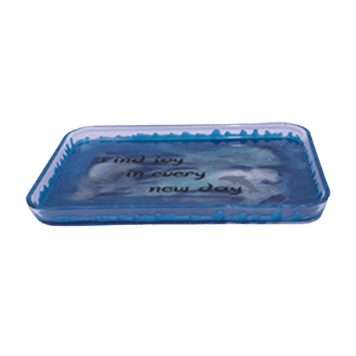 Side of resin tray with dolphins and "Find joy in every new day"Accent Tray-Dolphin Ocean Themed-Find JoyAccent Trays