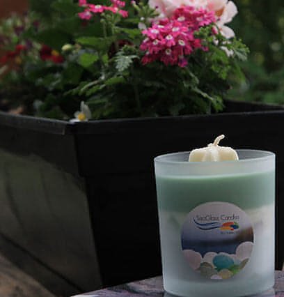 Soy wax candles with sea glass displayed in an elegant frosted glass jar, 8 oz. GreenSea Glass Candle-8 oz. UnscentedCandle
