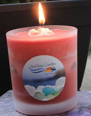 Soy wax candles with sea glass displayed in an elegant frosted glass jar, 8 oz. Red.Sea Glass Candle-8 oz. UnscentedCandle