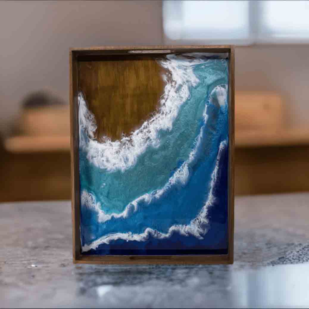 Wood serving tray with a resin ocean painting