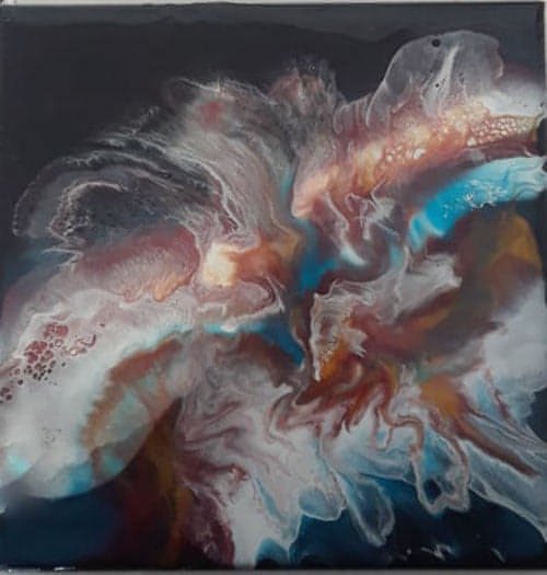 Abstract resin painting that reminds the artist of a jellyfish. Beautiful flowing detailAbstract Resin Painting - "Jellyfish"Resin Painting