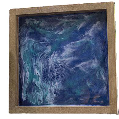 Ocean resin painting set in a deep wood frame. 10" x 10". Ready to hang.Ocean-Aqua and Blue Resin PaintingVisual Artwork