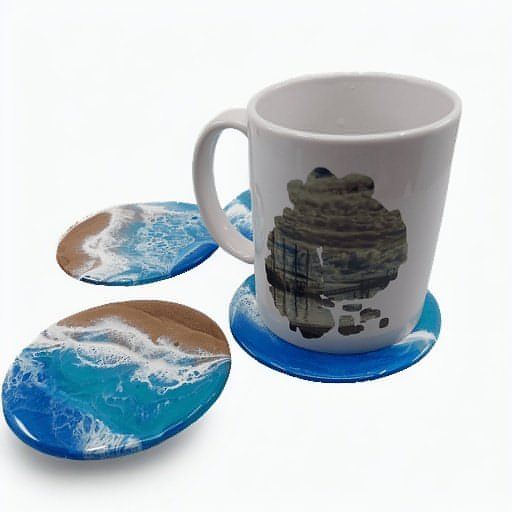Ocean and beach themed coasters with cup showing. Ocean Wave and Beach Themed CoastersCoaster