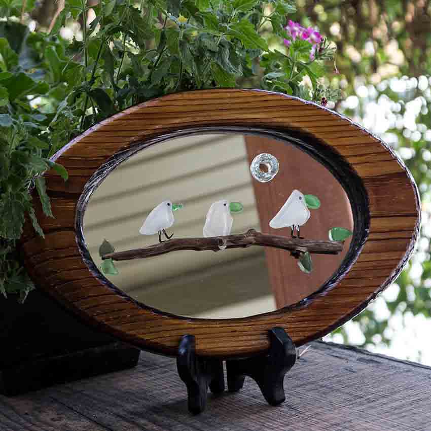 Sea Glass Art - Birds on Driftwood with mirrorSea Glass Art - Birds on Driftwood with mirrorSea Glass Wall Art