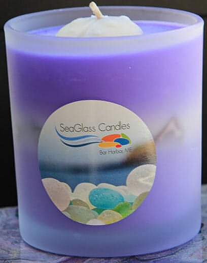 Soy wax candles with sea glass displayed in an elegant frosted glass jar, 8 oz. PurpleSea Glass Candle-8 oz. UnscentedCandle