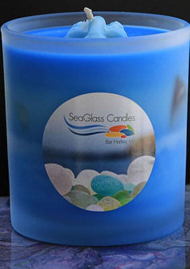 Soy wax candles with sea glass displayed in an elegant frosted glass jar, 8 oz. BlueSea Glass Candle-8 oz. UnscentedCandle