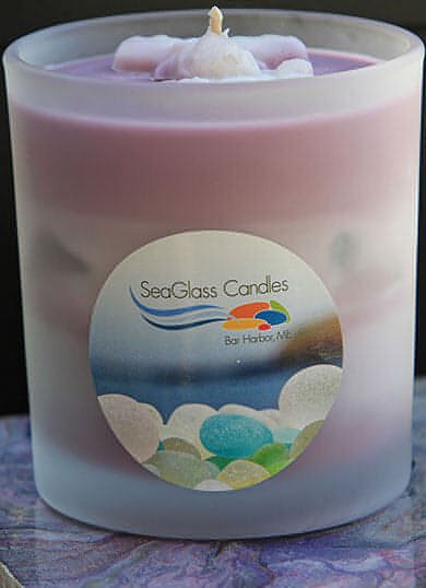 Soy wax candles with sea glass displayed in an elegant frosted glass jar, 8 oz. Lavender. Sea Glass Candle-8 oz. UnscentedCandle