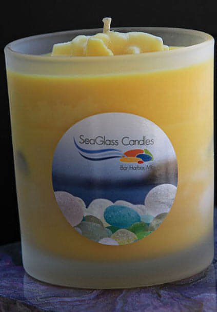 Soy wax candles with sea glass displayed in an elegant frosted glass jar, 8 oz. WhiteSea Glass Candle-8 oz. UnscentedCandle