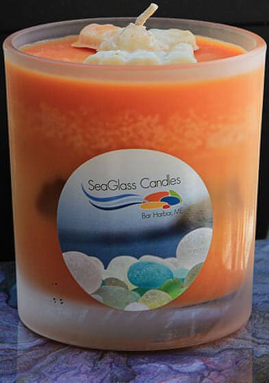 Soy wax candles with sea glass displayed in an elegant frosted glass jar, 8 oz. OrangeSea Glass Candle-8 oz. UnscentedCandle